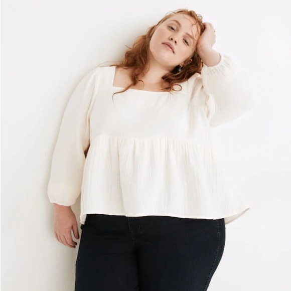 Madewell Plus Lightspun Millbrook Puff-Sleeve Peplum Top. Lighthouse. 2X. - Picture 1 of 8